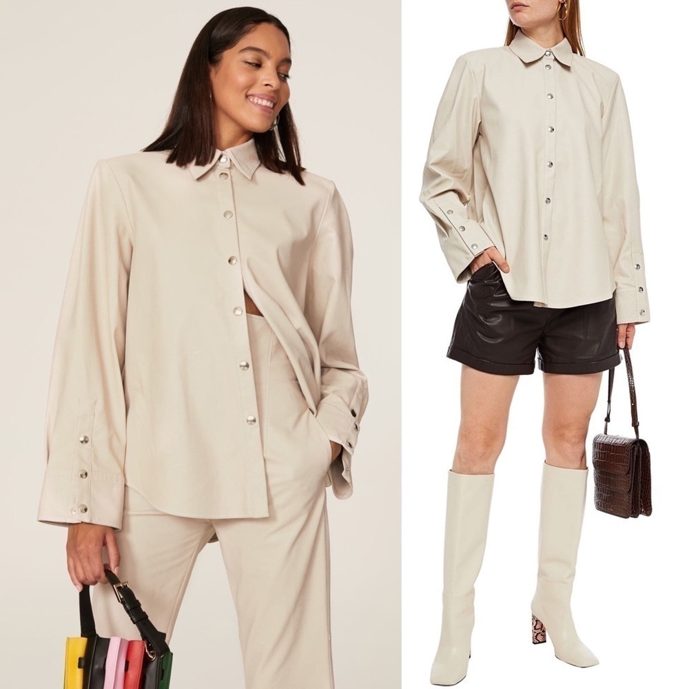 SARA BATTAGLIA Beige Faux Leather Oversized Boxy Snap Button Up Shirt Jacket L